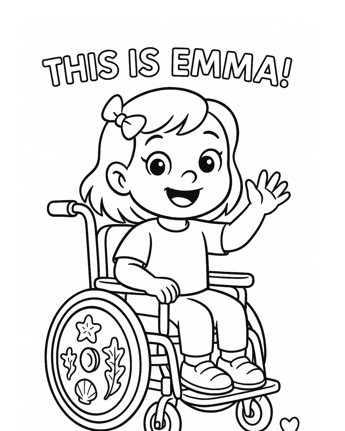 Emma waving hello from her wheelchair, from the Ocean Friends coloring pages