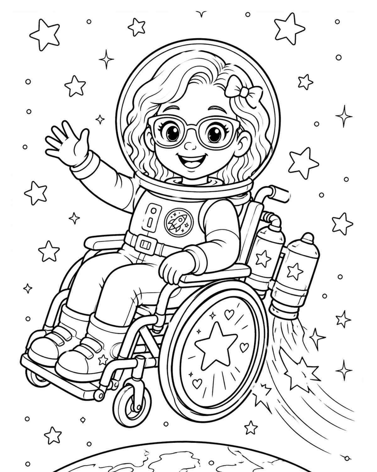 Emma waving in her space suit, from the Space Adventure coloring pages