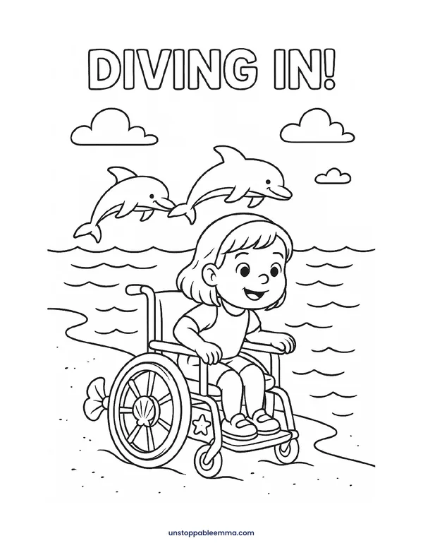 Coloring page "Diving In!": Emma in her wheelchair at the beach with dolphins leaping
