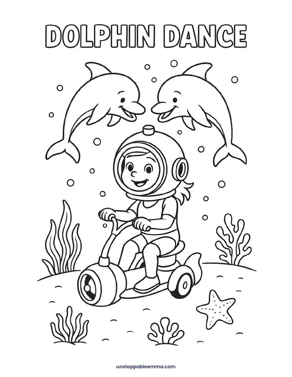Coloring page "Dolphin Dance": Emma in a diving helmet riding an underwater scooter with dolphins