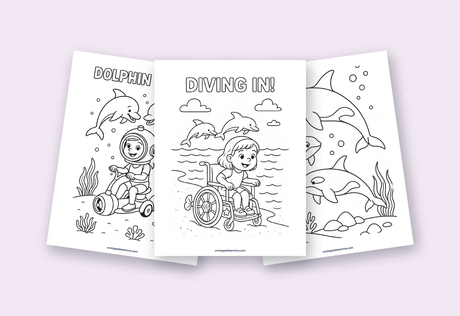 Three free Emma's Ocean Friends coloring pages fanned out: Diving In!, Dolphin Dance and an orca family