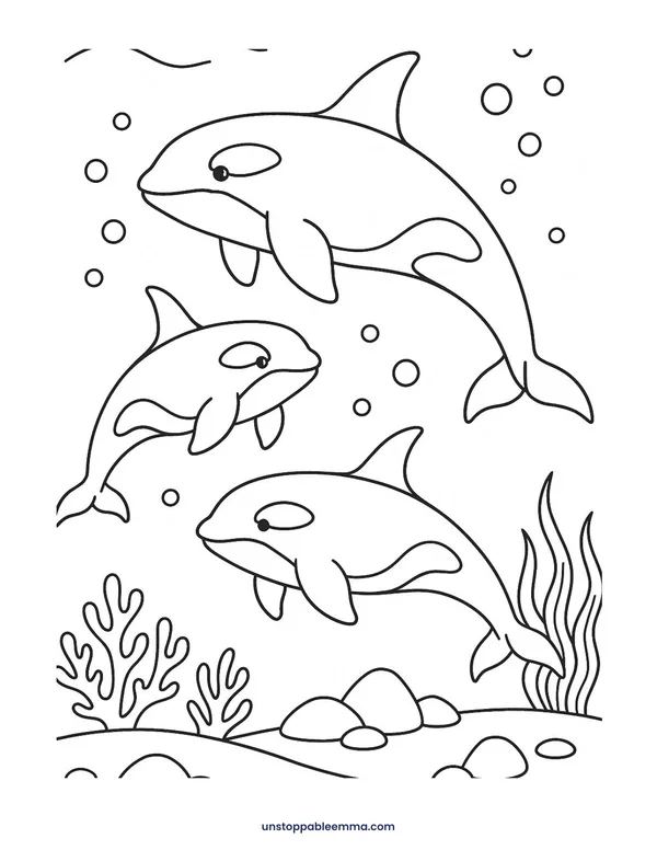 Coloring page of an orca family swimming over the sea floor