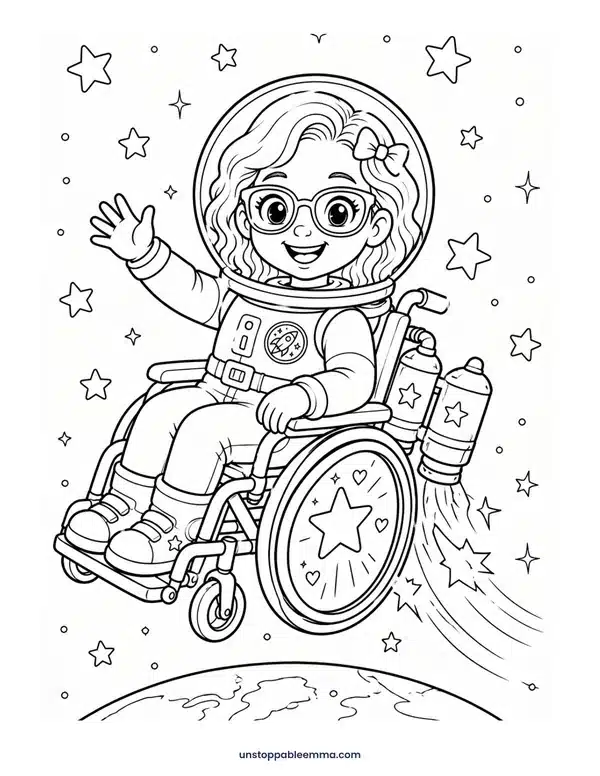 Coloring page: Emma in her wheelchair and space helmet, waving as she blasts off among the stars