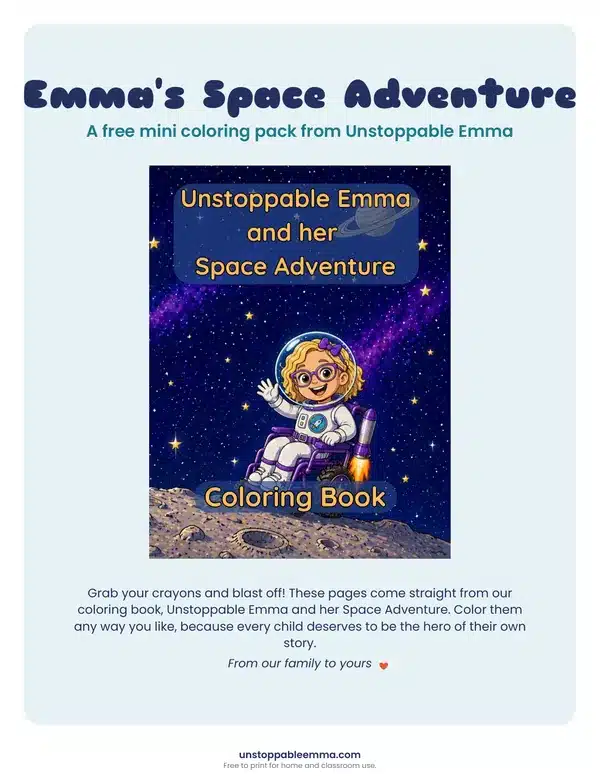 Cover page of the free Emma's Space Adventure mini coloring pack showing the Space Adventure book cover