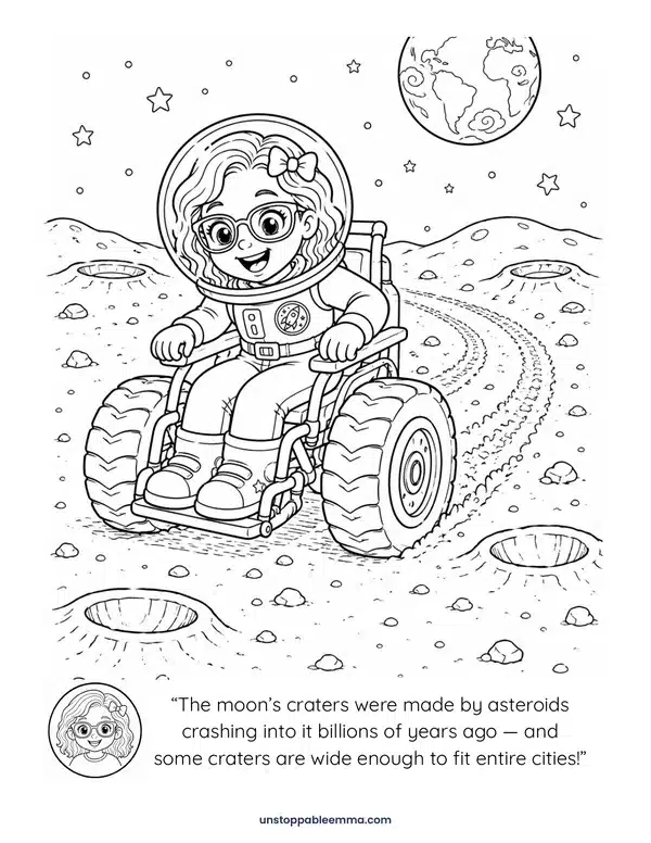 Coloring page: Emma in her wheelchair with big rover wheels, driving across the moon's craters