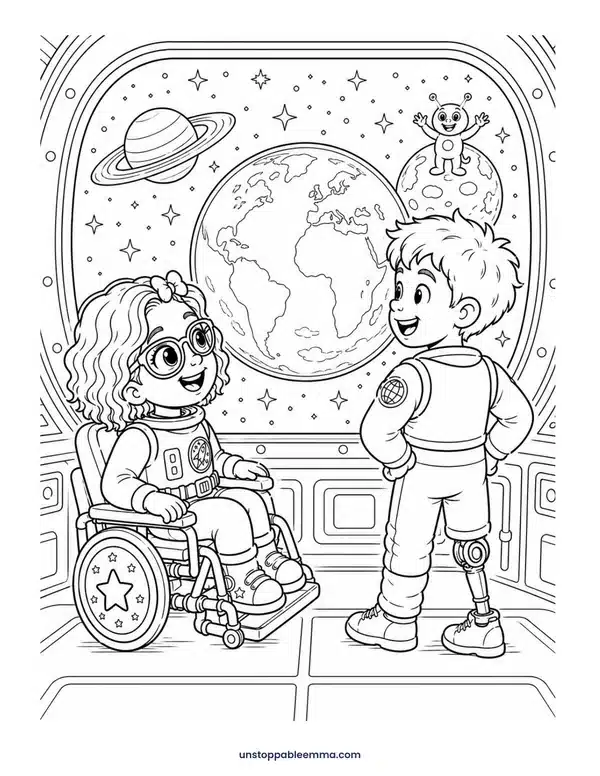 Coloring page: Emma in her wheelchair and a friend looking out a space station window at Earth and Saturn