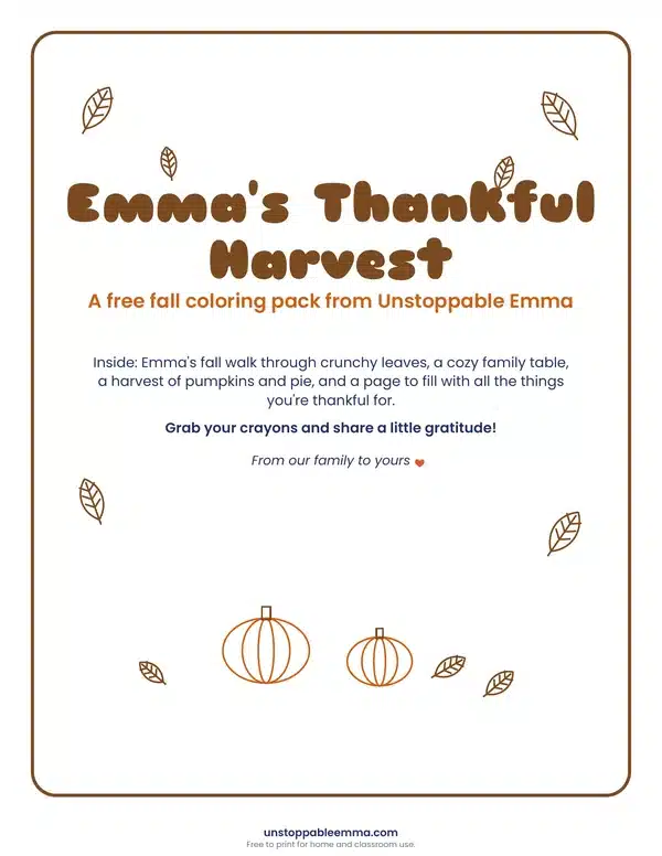 Cover page of the free Emma's Thankful Harvest fall coloring pack