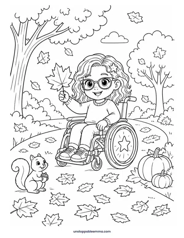 Coloring page: Emma in her wheelchair on a fall walk, holding up a maple leaf, with a squirrel and pumpkins Coloring page: Emma in her wheelchair on a fall walk, holding up a maple leaf, with a squirrel and pumpkins