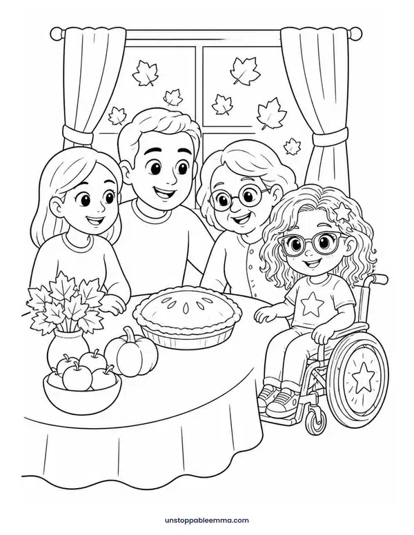 Coloring page: Emma in her wheelchair at the family table with a pie, apples and fall leaves Coloring page: Emma in her wheelchair at the family table with a pie, apples and fall leaves