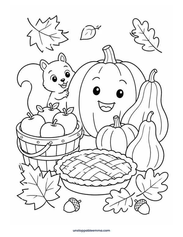 Coloring page: a smiling pumpkin, a squirrel, a basket of apples, a pie and gourds Coloring page: a smiling pumpkin, a squirrel, a basket of apples, a pie and gourds